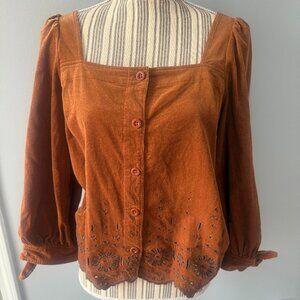 MADEWELL Top Size Sm Embroidered Eyelet Ribbed Corduroy Tie Sleeve Warm Coffee